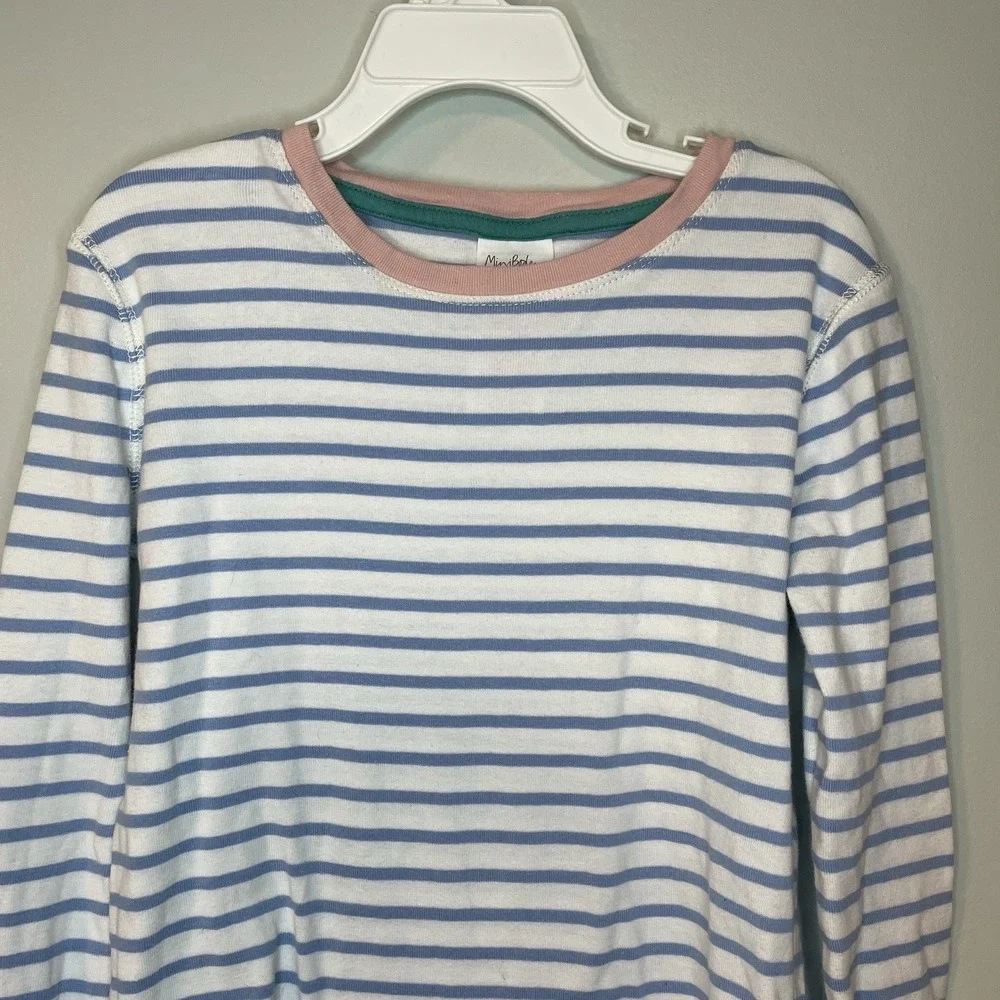 Mini Boden Pajama Top Shirt Girls 10 140cm Blue Striped Pink White Trim‎